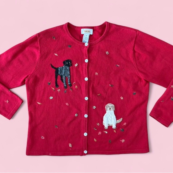 Talbots Sweaters - Vintage 90s Talbots Red Dog Appliqué Knit Sweater Cardigan Size M